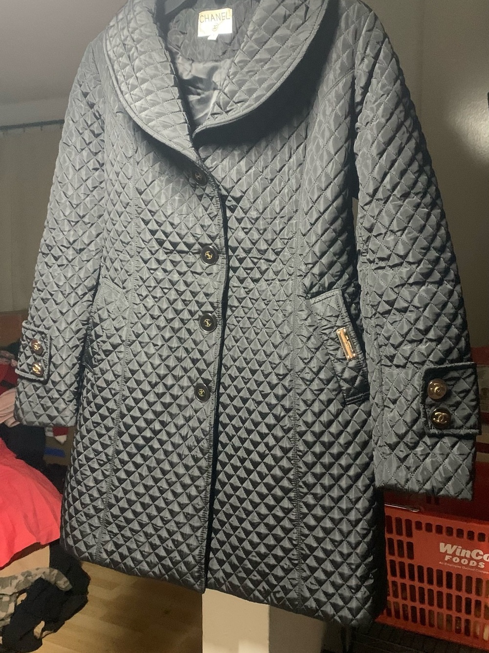 CHANEL Quilted Black cotton Coat with Gold Buttons